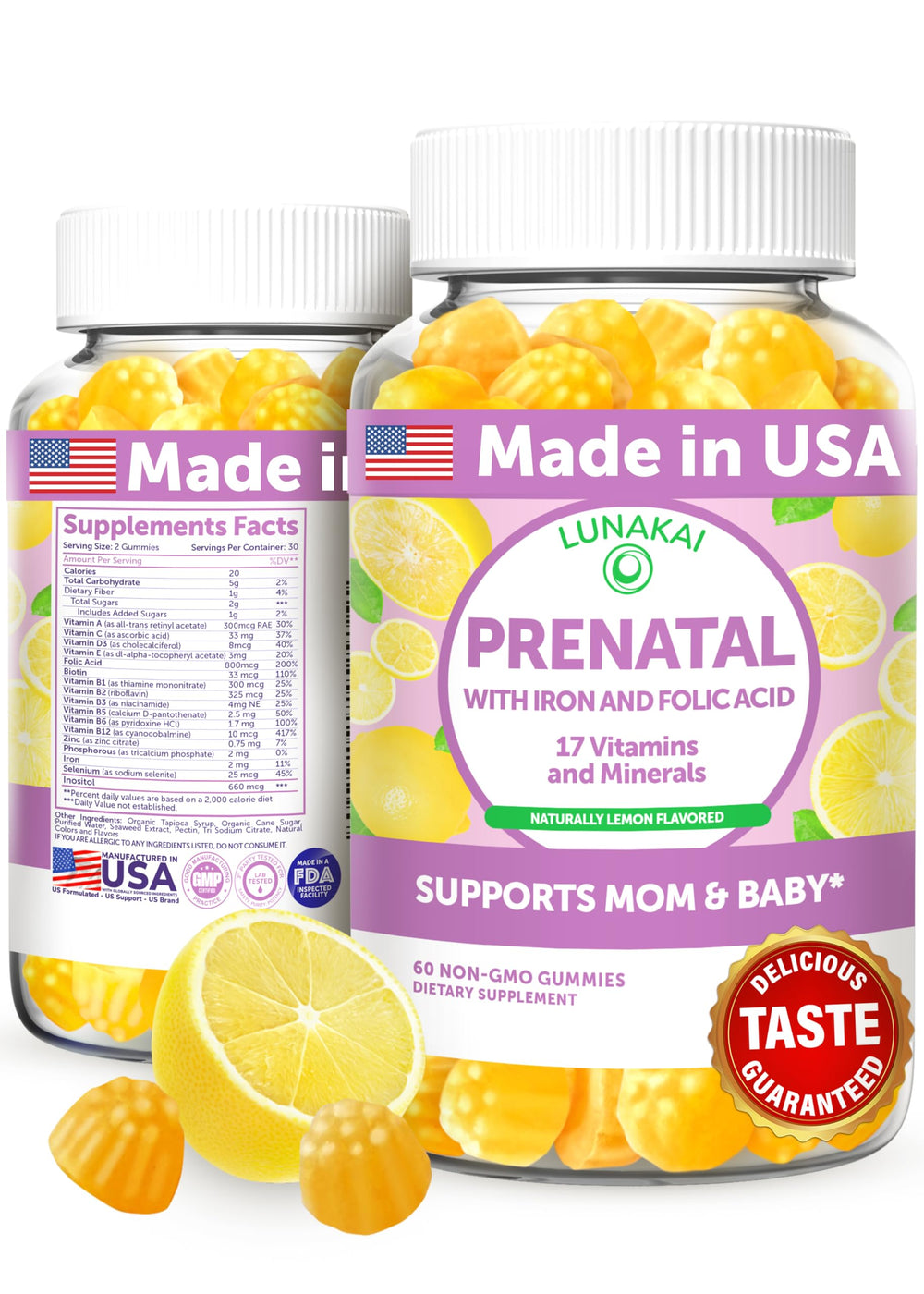 Lunakai prenatal gummies bottle with lemon flavor for easy daily nutrition.