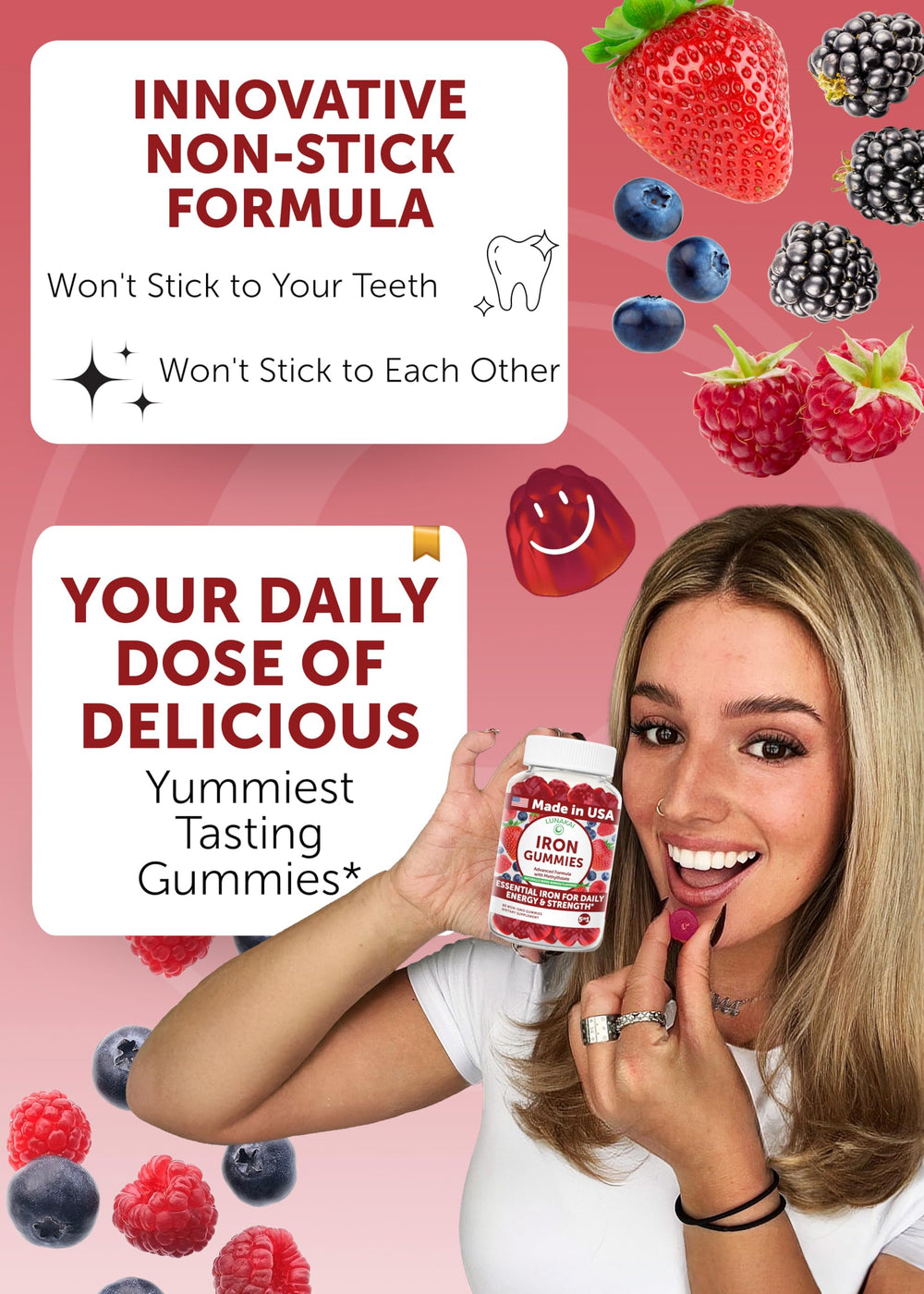 Lunakai USA-made vegan iron gummies packaging highlighting clean, gelatin-free formula.