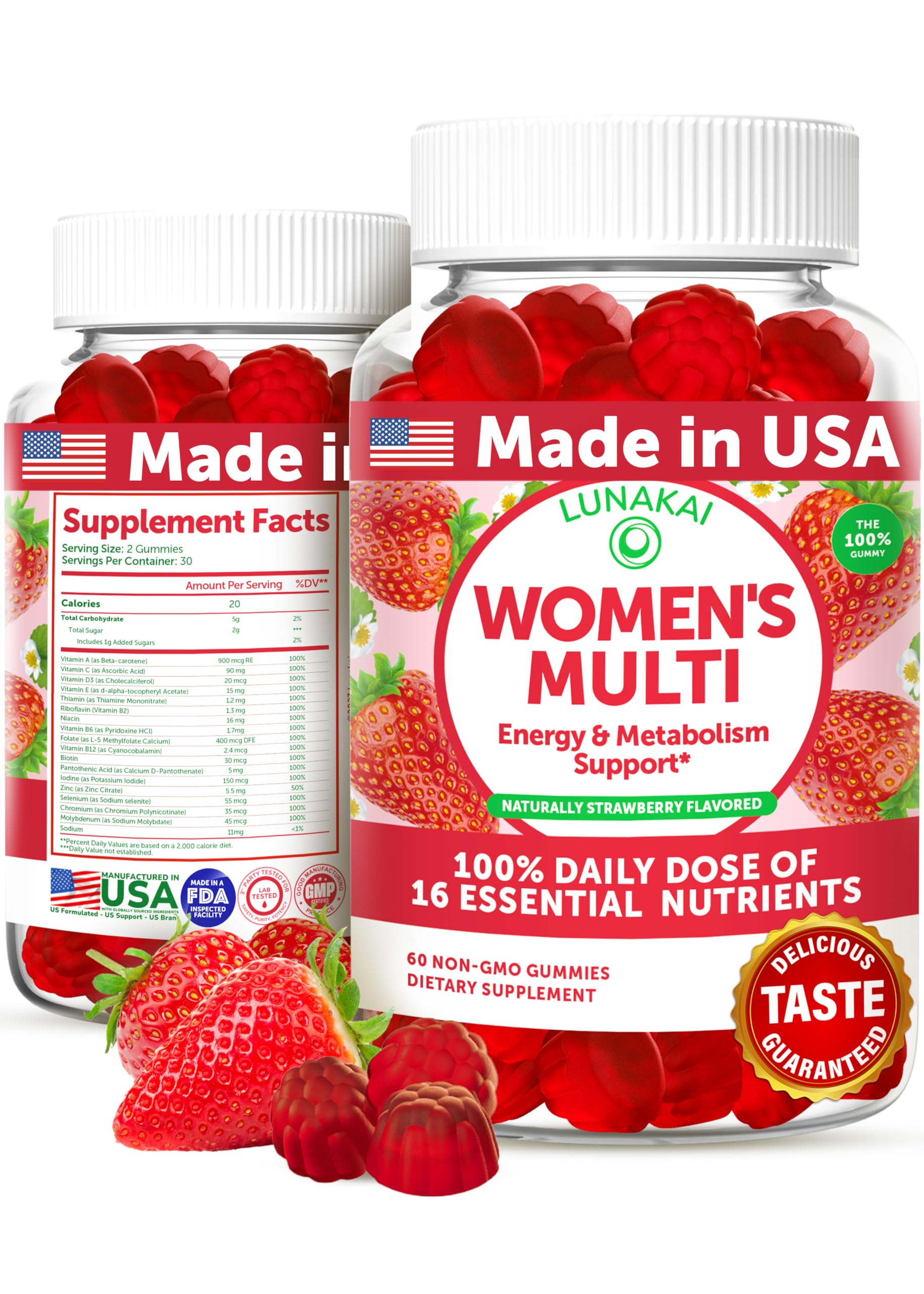 Lunakai USA-made women's multivitamin gummies bottle for daily wellness support