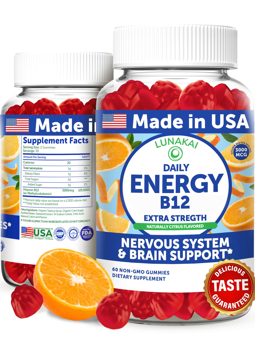 Lunakai vegan energy gummies bottle with citrus flavor for daily boost