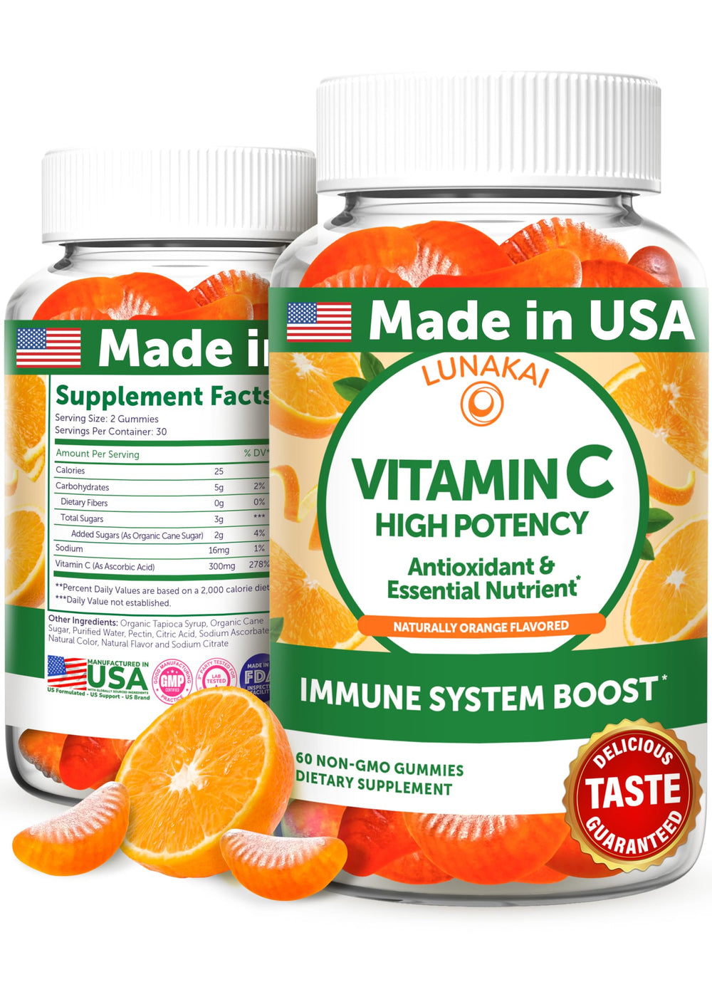 Lunakai Vitamin C gummies orange bottle for daily immune support.