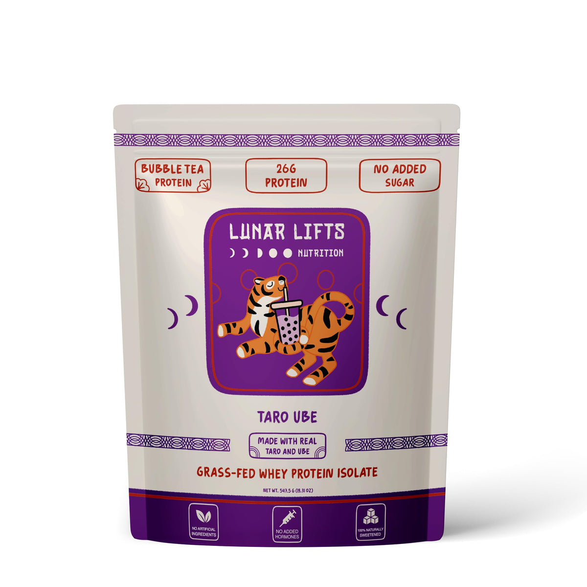 Lunar Lifts taro-ube-boba-tea-powder tub shows authentic flavor for high-protein shakes.