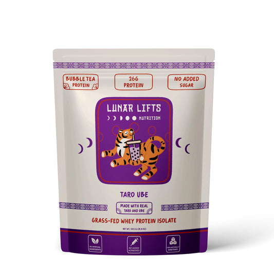 Lunar Lifts taro-ube-boba-tea-powder tub shows authentic flavor for high-protein shakes.