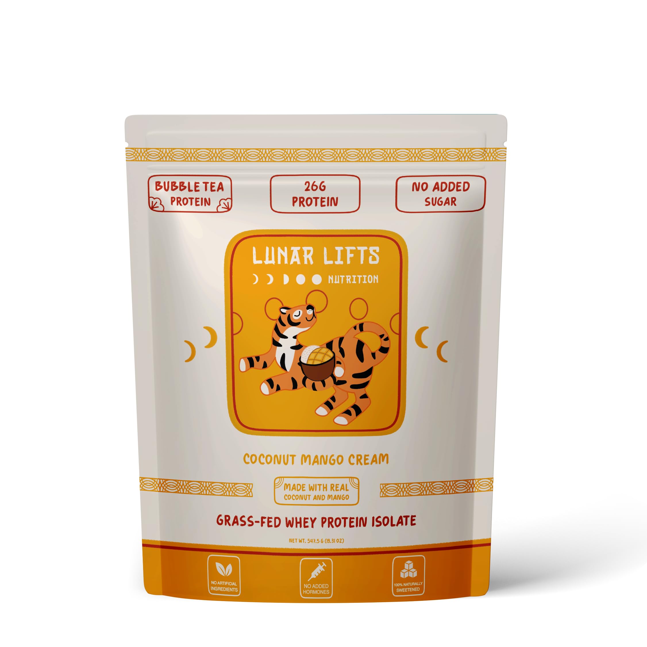 Lunar Lifts Coconut Mango Cream boba tea shake showing tropical flavor for post-workout refreshment.