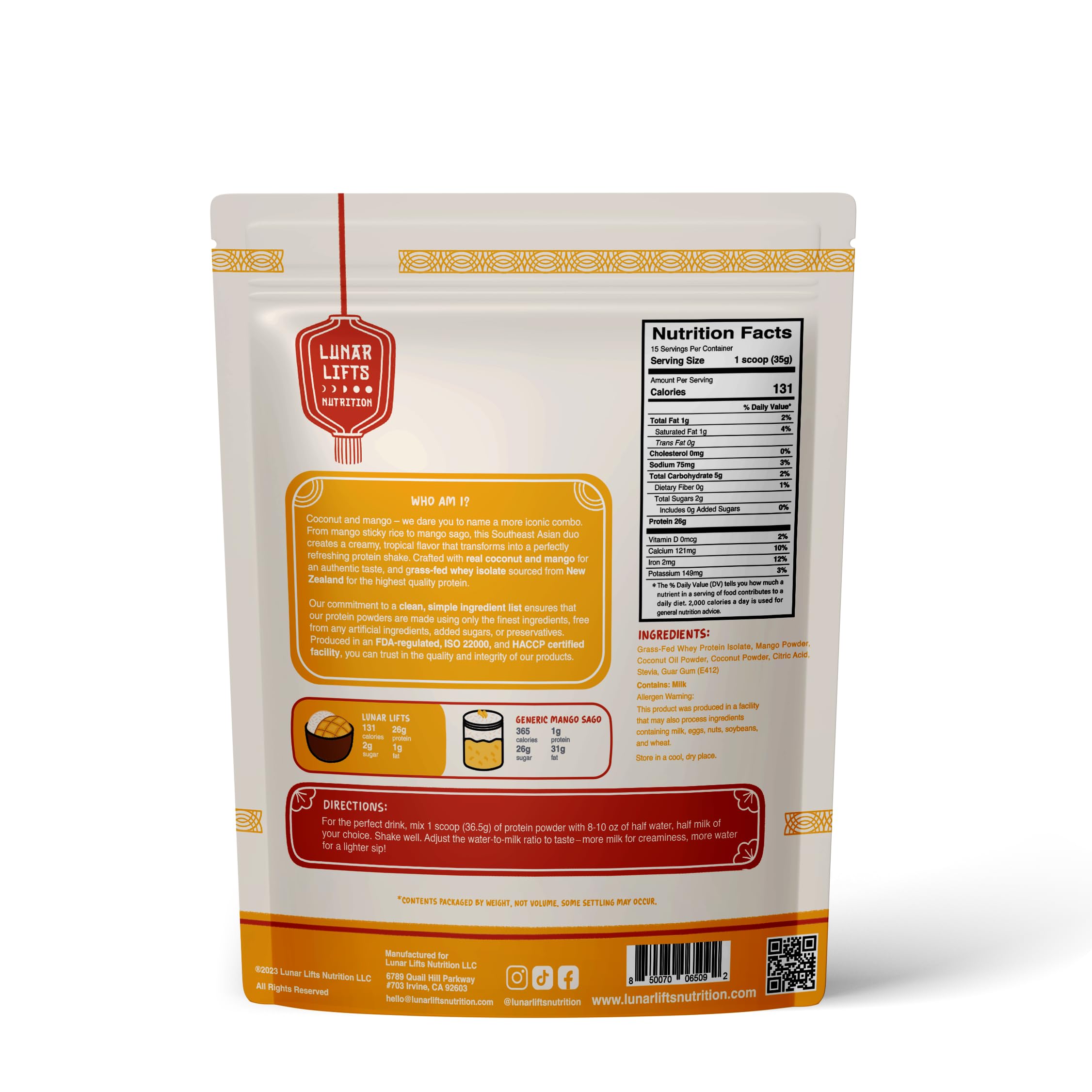 Lunar Lifts Coconut Mango Cream tub-front highlighting premium protein formula.