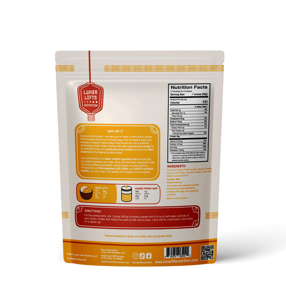 Lunar Lifts Coconut Mango Cream tub-front highlighting premium protein formula.