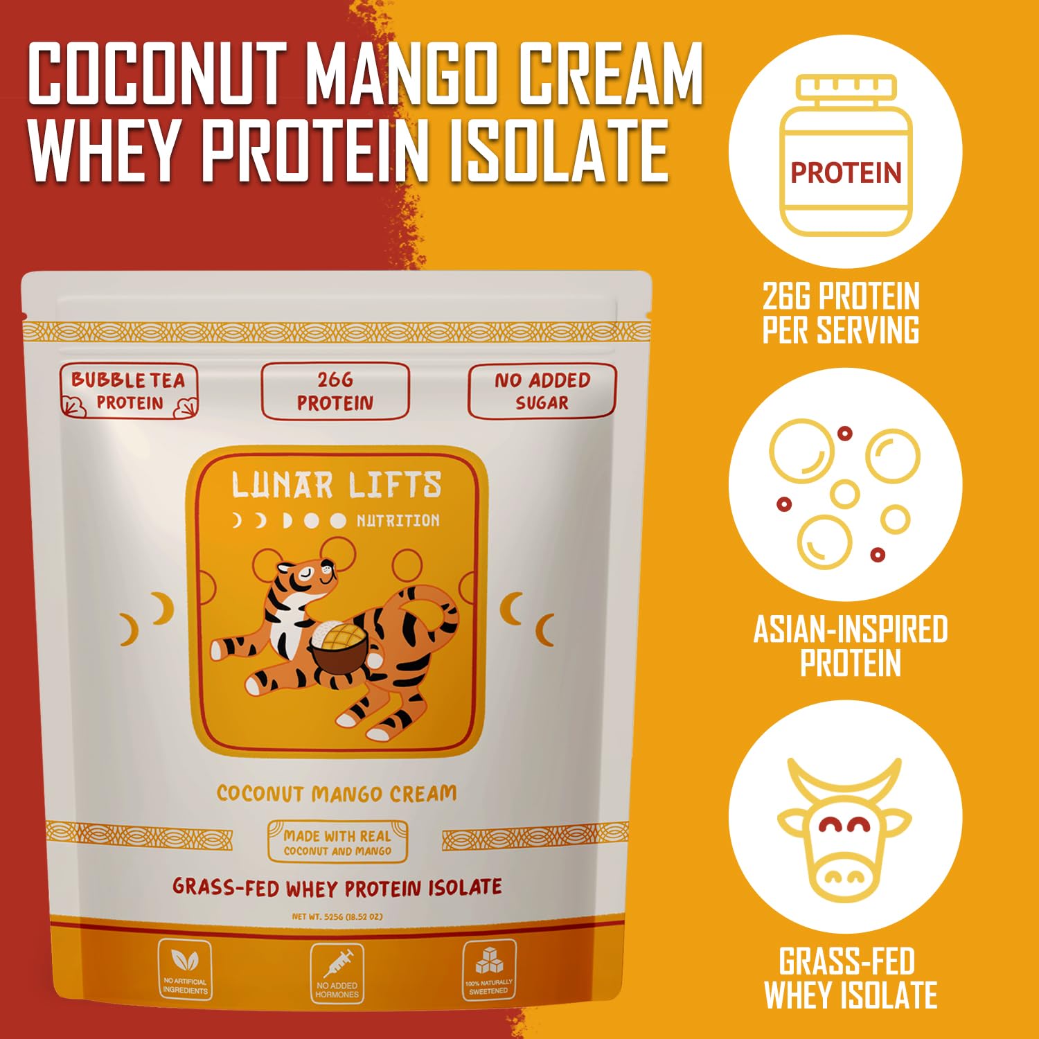 Lunar Lifts grass-fed whey isolate 26g per serving emphasizing quality protein.