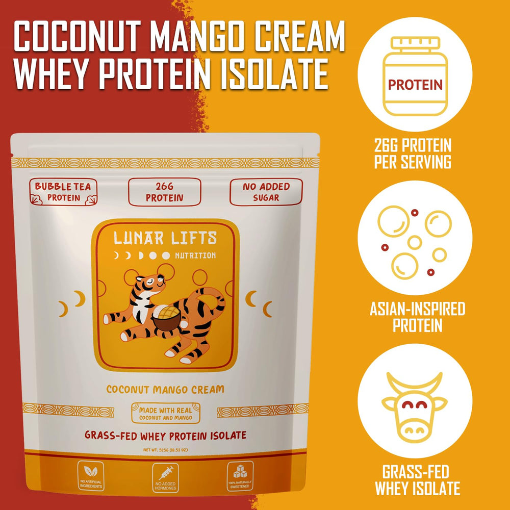 Lunar Lifts grass-fed whey isolate 26g per serving emphasizing quality protein.