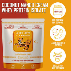 Lunar Lifts grass-fed whey isolate 26g per serving emphasizing quality protein.