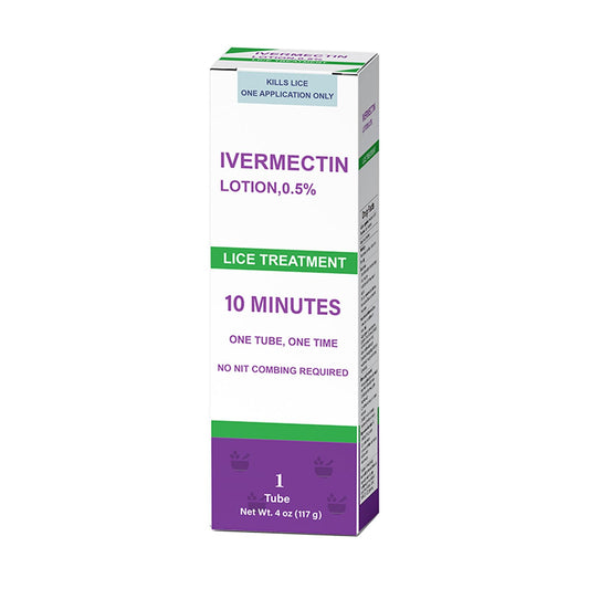 LUNCHIS Ivermectin Lotion tube for lice treatment, 0.5%, 4 oz, single-use convenience.