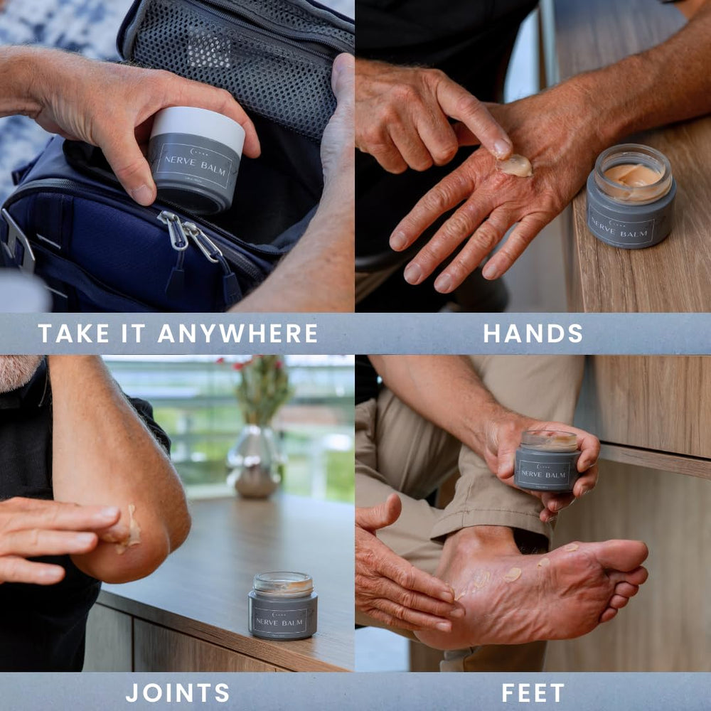 Lune Nerve Balm feet application demonstrates soothing use on sensitive areas.