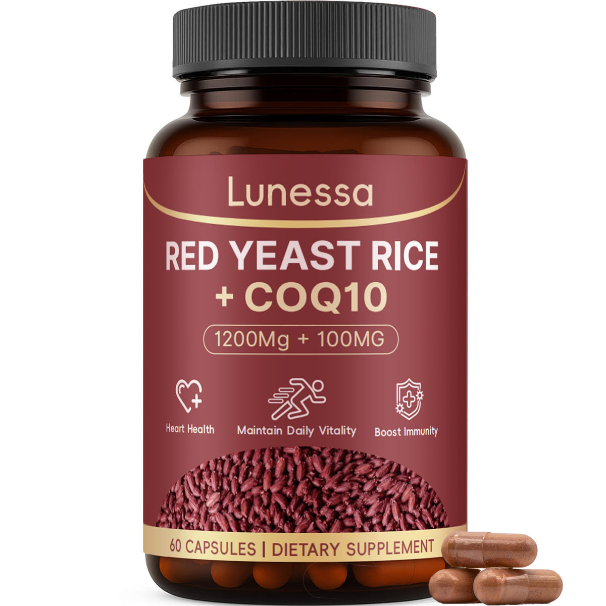 LUNESSA red yeast rice capsules close-up for daily heart support