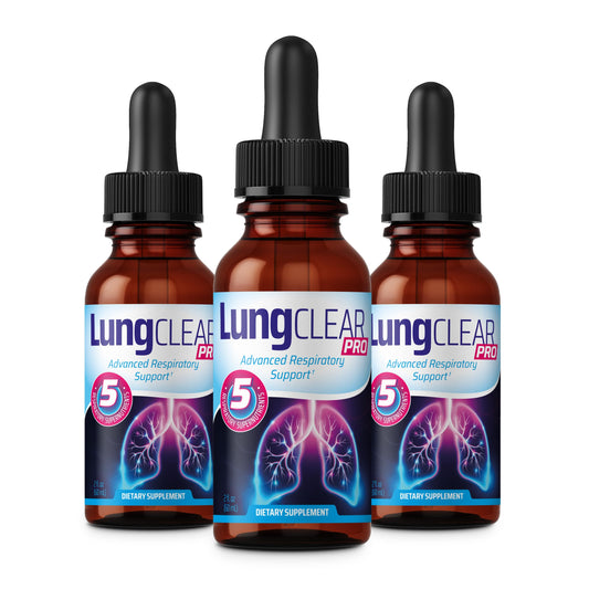 Lung Clear Pro bottle with drops for on-the-go respiratory support.