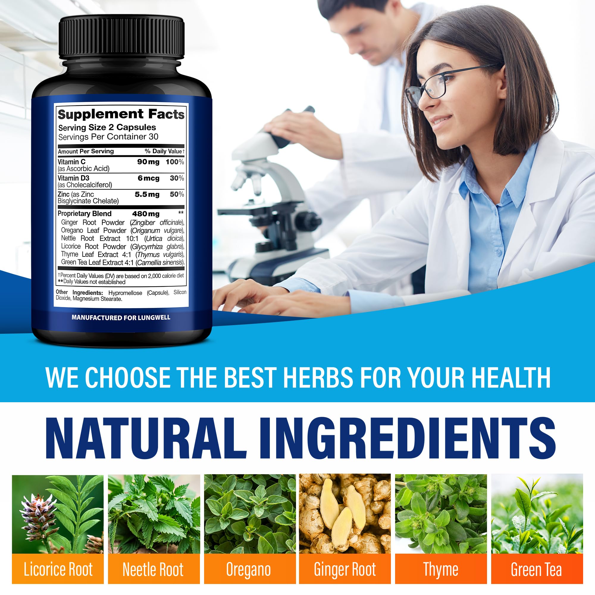 Lungwell licorice ginger nettle root blend emphasizing natural herbs for respiratory support.