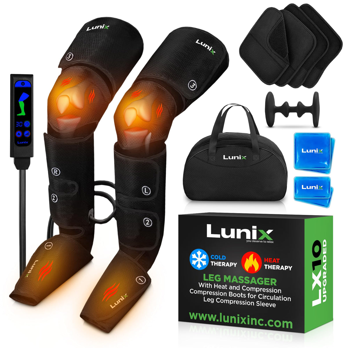 Lunix LX10 full-leg massage boot delivering soothing compression from feet to thighs