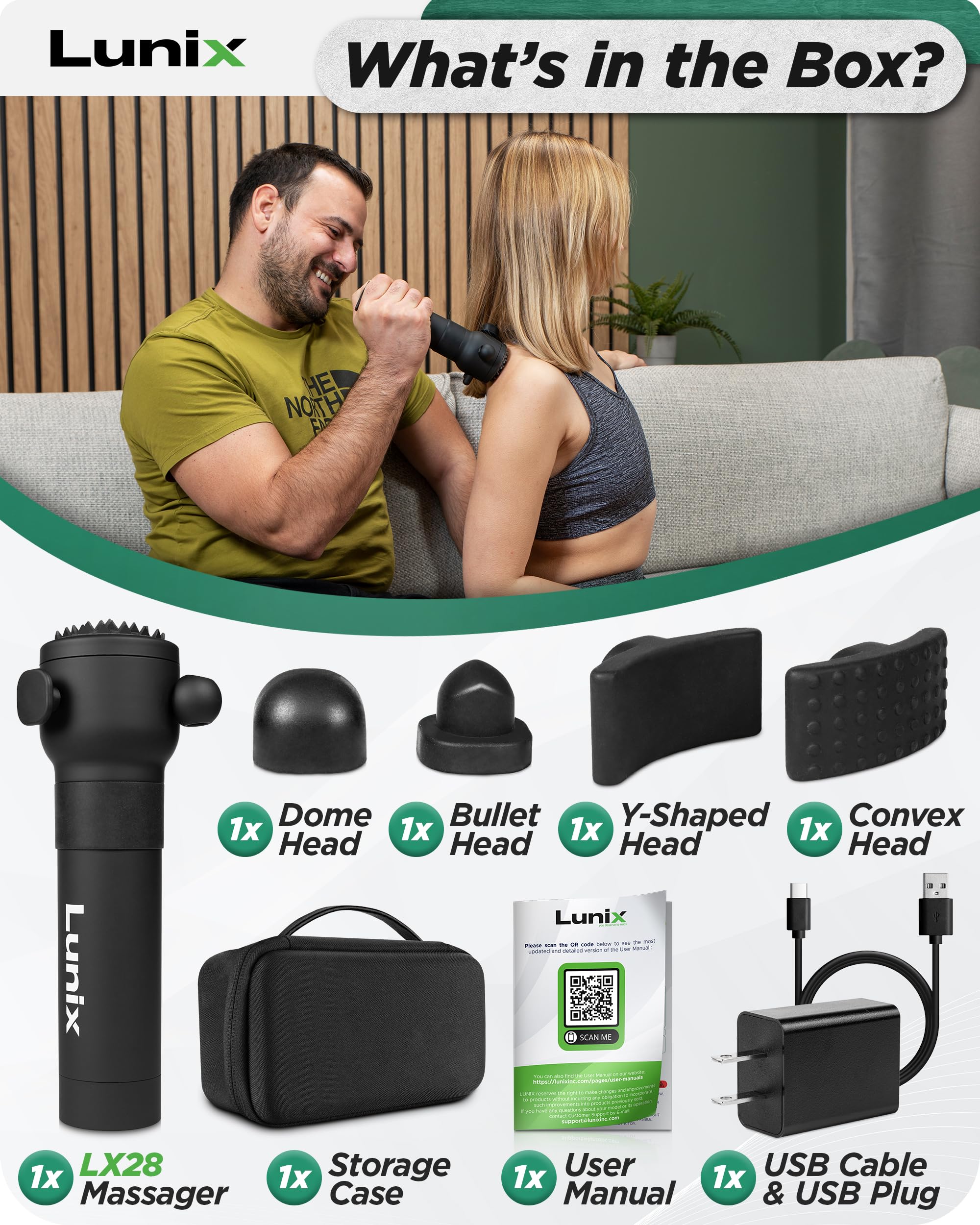 Lunix LX28 interchangeable heads offer personalized massage experiences.