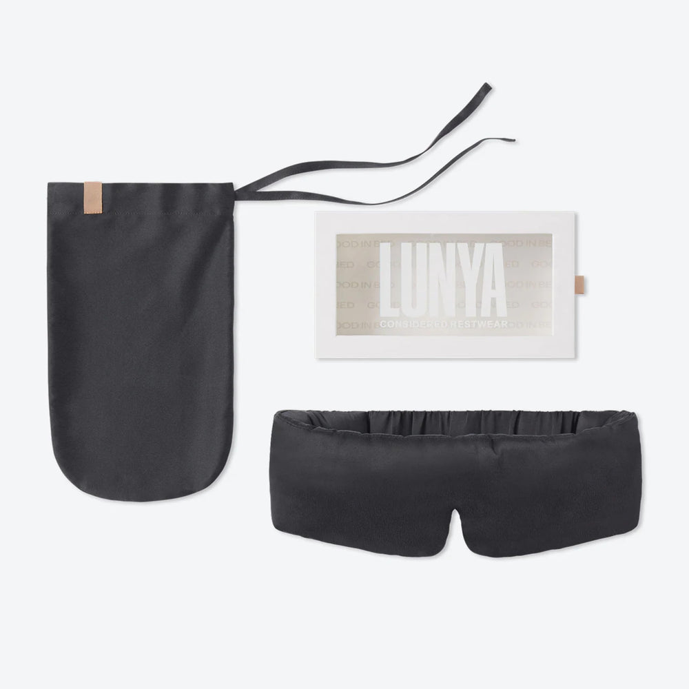 Lunya sleep mask close-up fabric texture, breathable silk for comfort.