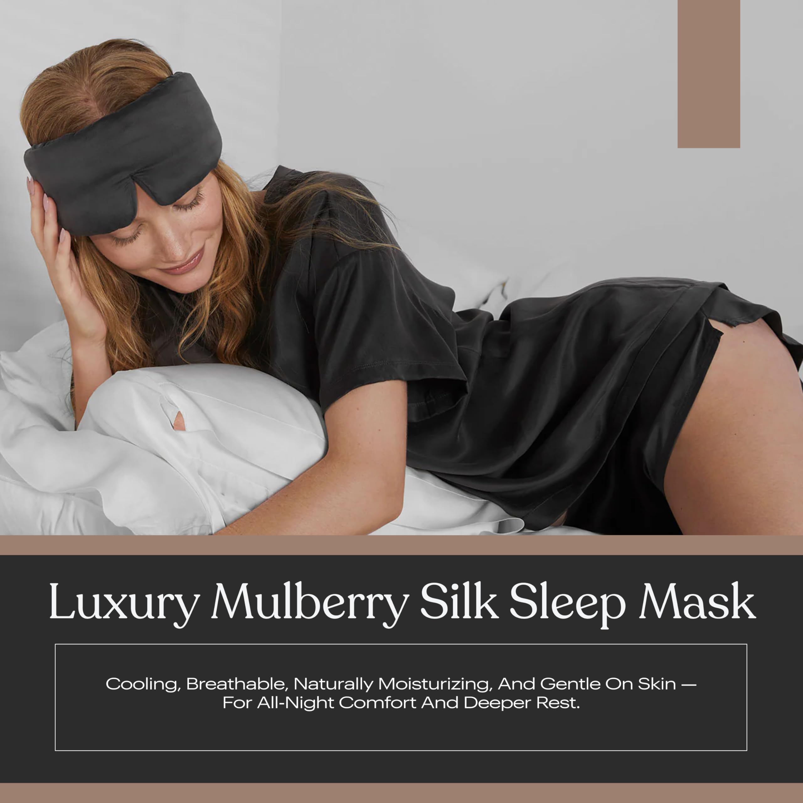 Lunya sleeping mask with wide elastic band for secure, slip-free wear.