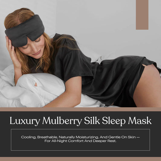 Lunya sleeping mask with wide elastic band for secure, slip-free wear.