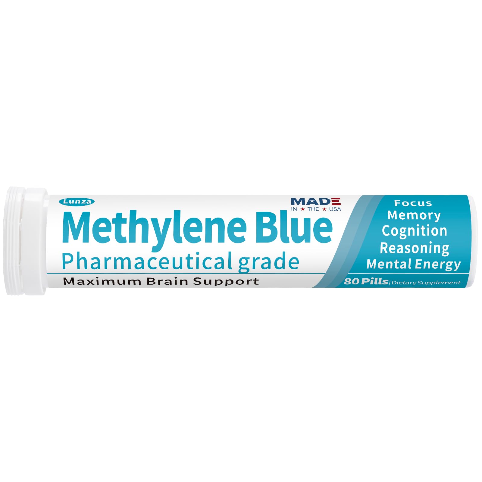 Lunza Methylene Blue bottle pour showing easy-to-take tablets for daily cognitive support
