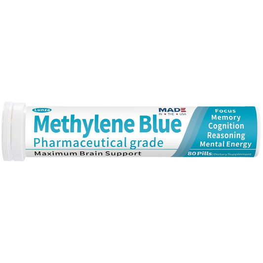 Lunza Methylene Blue bottle pour showing easy-to-take tablets for daily cognitive support