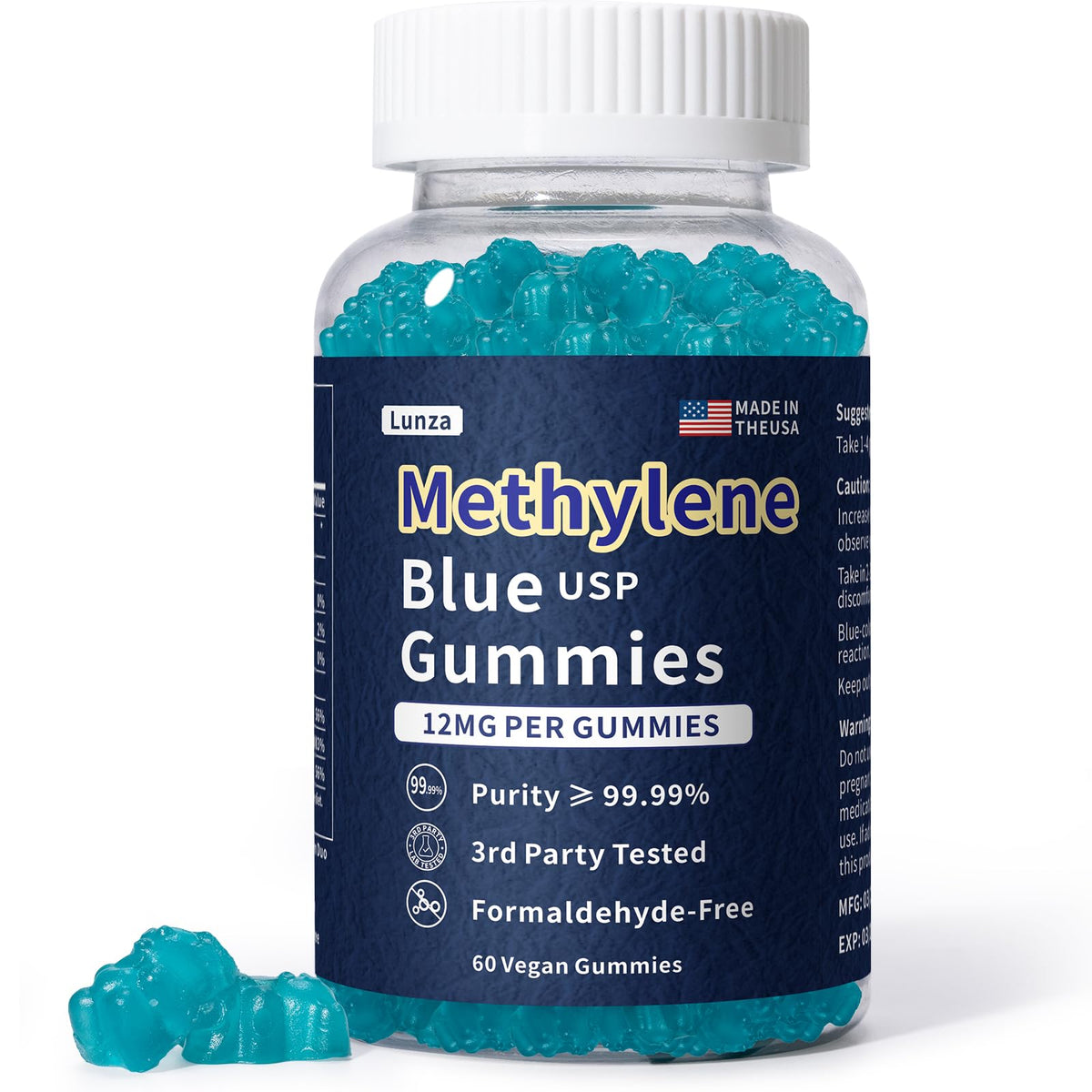 Lunza Methylene Blue Gummies bottle front view for daily brain support and focus
