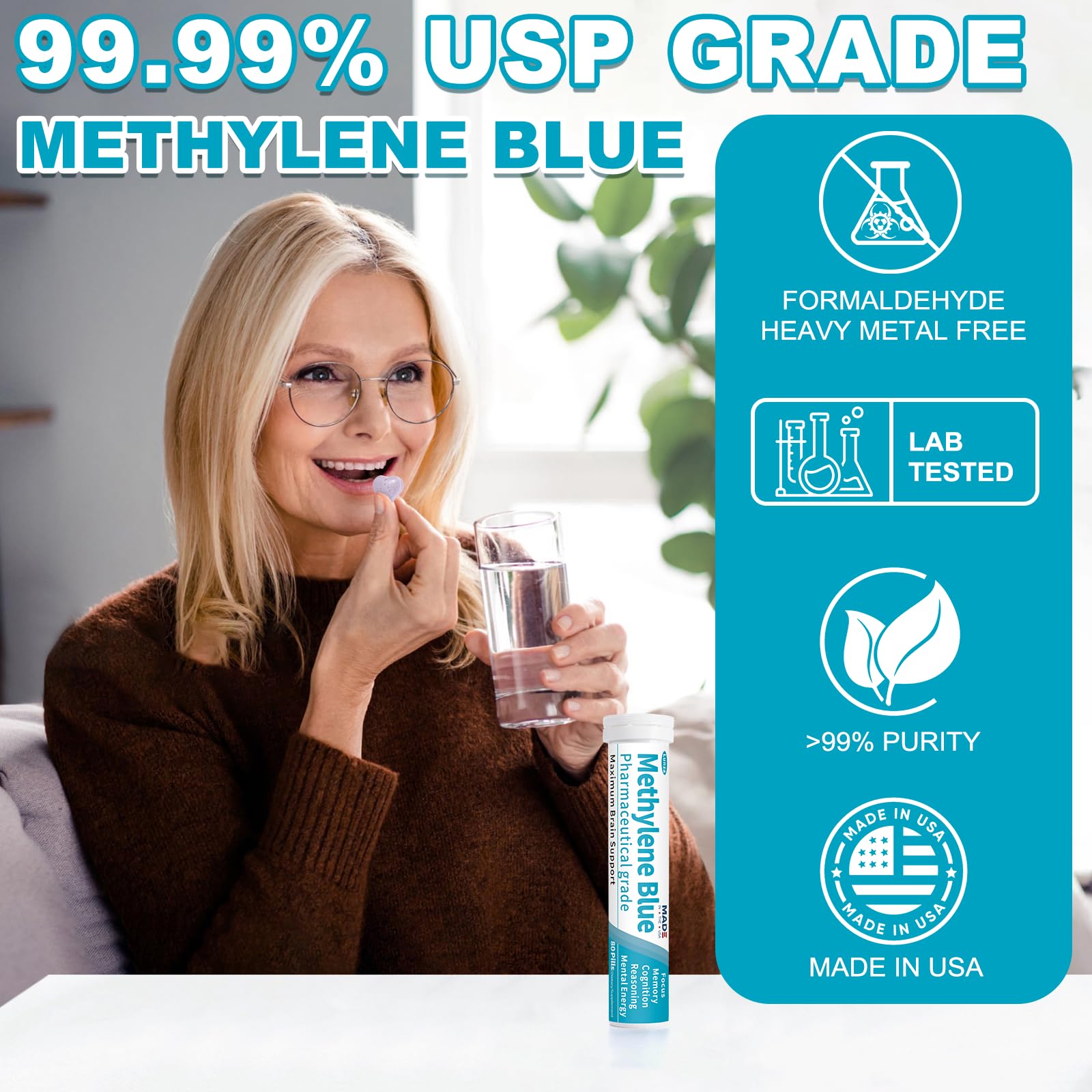 Lunza Methylene Blue tablets closeup of small, easy-to-swallow pills for sustained energy
