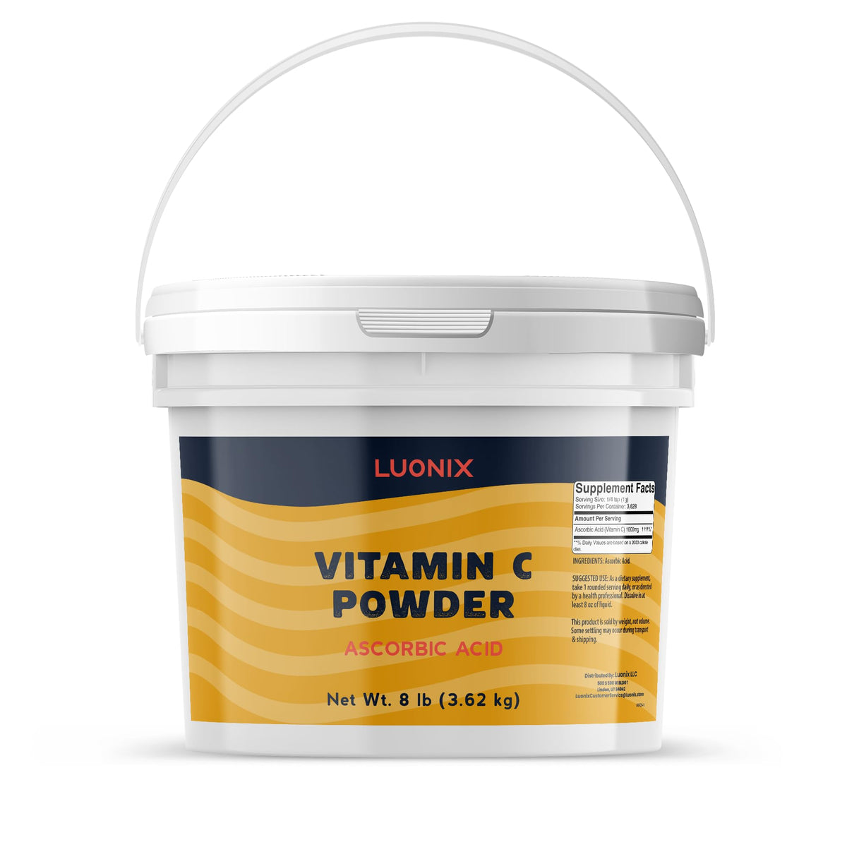 Luonix Vitamin C Powder bucket front view, showcasing resealable packaging for easy storage and freshness.