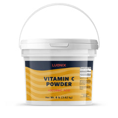 Luonix Vitamin C Powder bucket front view, showcasing resealable packaging for easy storage and freshness.