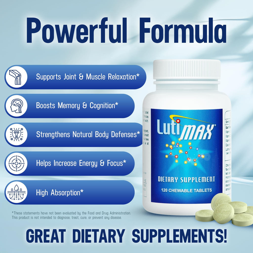Lutimax with vitamins C, D, and E image emphasizes overall wellness and antioxidant support.