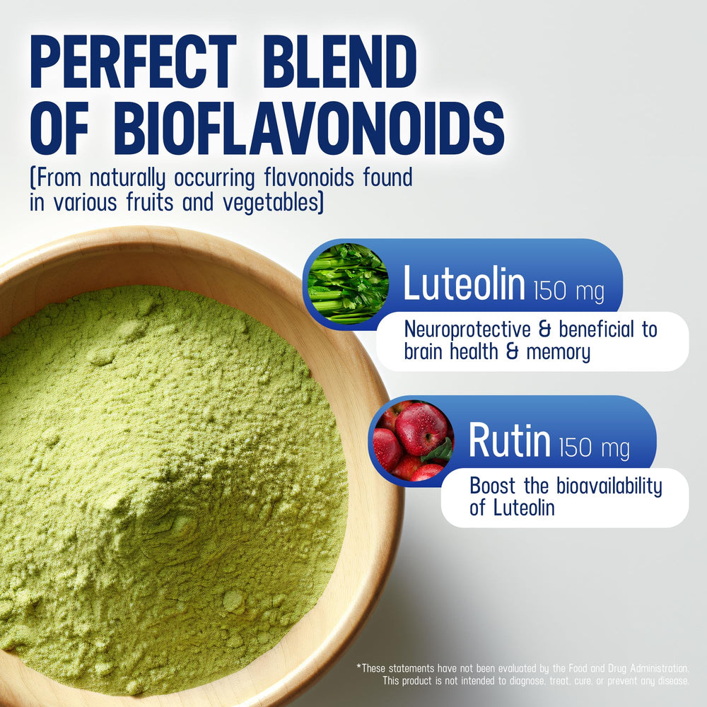 LutiMax luteolin and rutin ingredients visualization emphasizing flavonoid blend