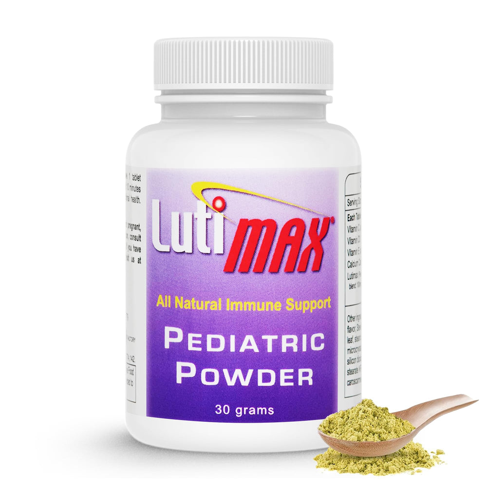 LutiMax pediatric luteolin powder bottle pour for easy mixing in kids' drinks