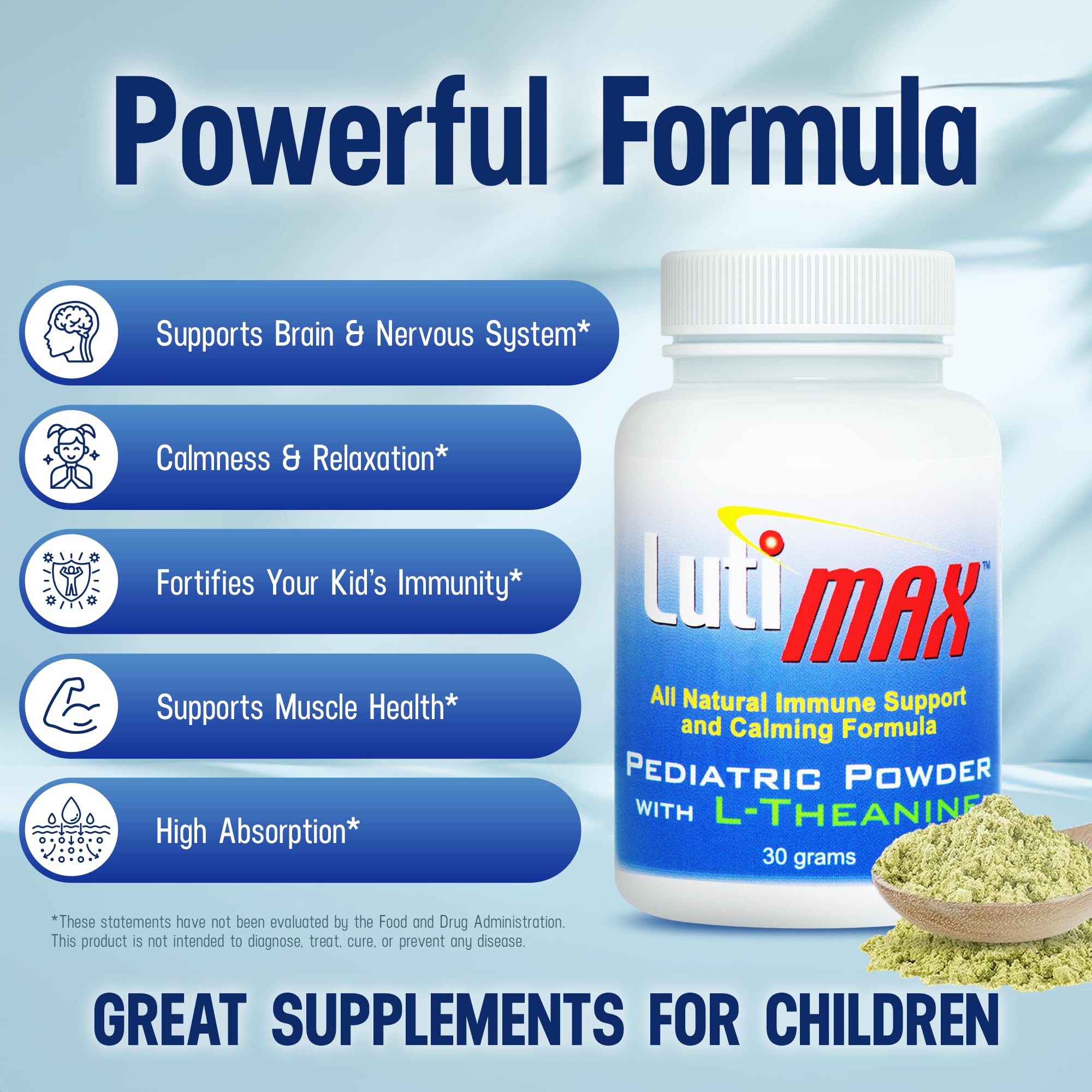 Lutimax pediatric powder mixed into a beverage for kids