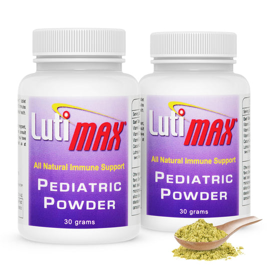 LutiMax pediatric powder tub for easy daily dosing in kids.