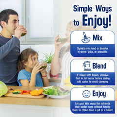 Lutimax pediatric powder stirred into a smoothie for kids