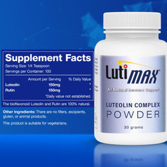 LutiMax powder tub with scoop highlighting easy measurement for daily use