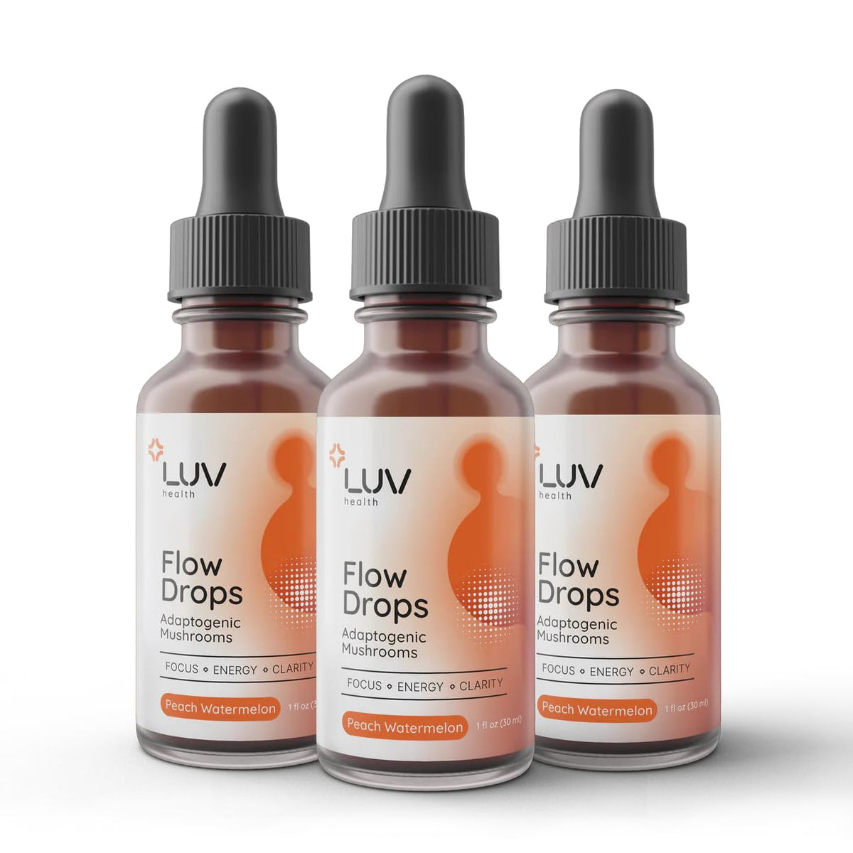 LUV health Flow Drops bottle pour showing convenient liquid energy and focus.