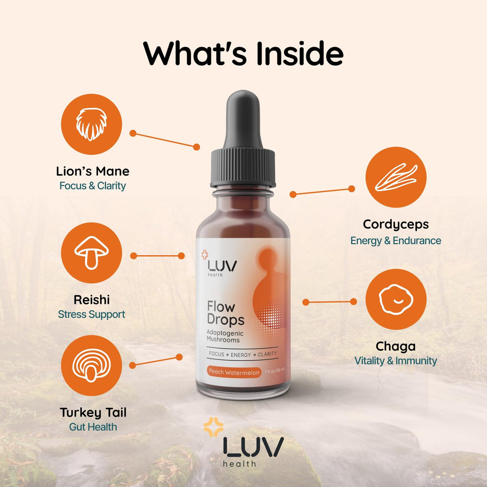 LUV health Flow Drops dropper dispense for precise daily dosing.