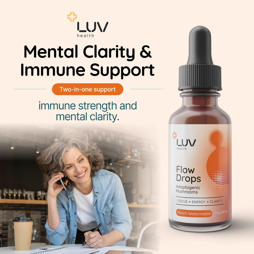 LUV health Flow Drops mushroom-blend visual highlights adaptogenic ingredients
