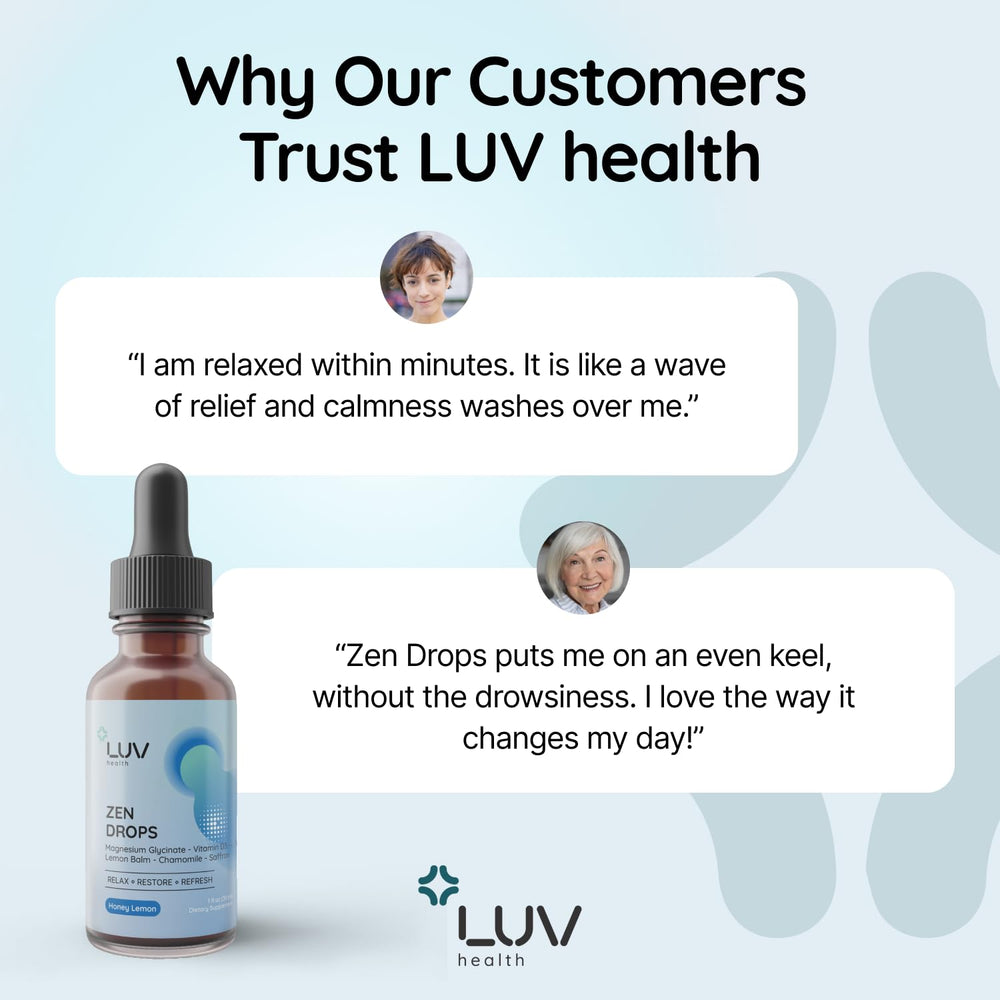 Ingredients like magnesium glycinate and chamomile on LUV Zen Drops packaging.