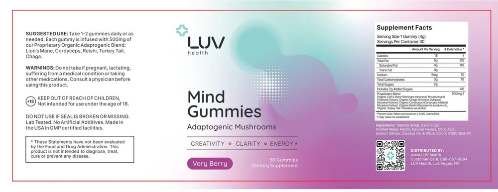 LUV Health Mind Gummies 30-count-packaging signals ongoing cognitive support.
