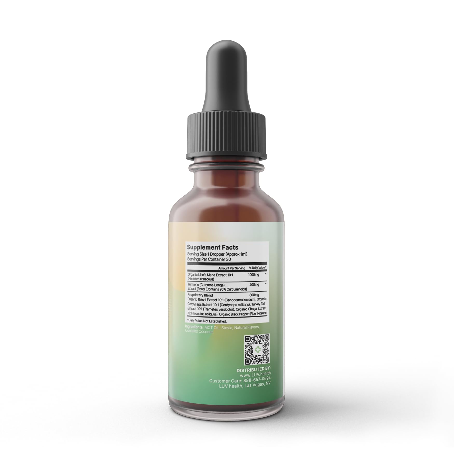 LUV health Neuro Drops bottle back label highlights ingredients and organic certifications.