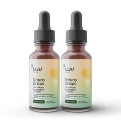 LUV health Neuro Drops bottle front shows organic adaptogens for nerve and joint comfort.