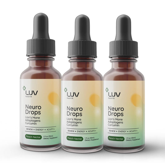 LUV health Neuro Drops bottle on table showing label for organic nerve support
