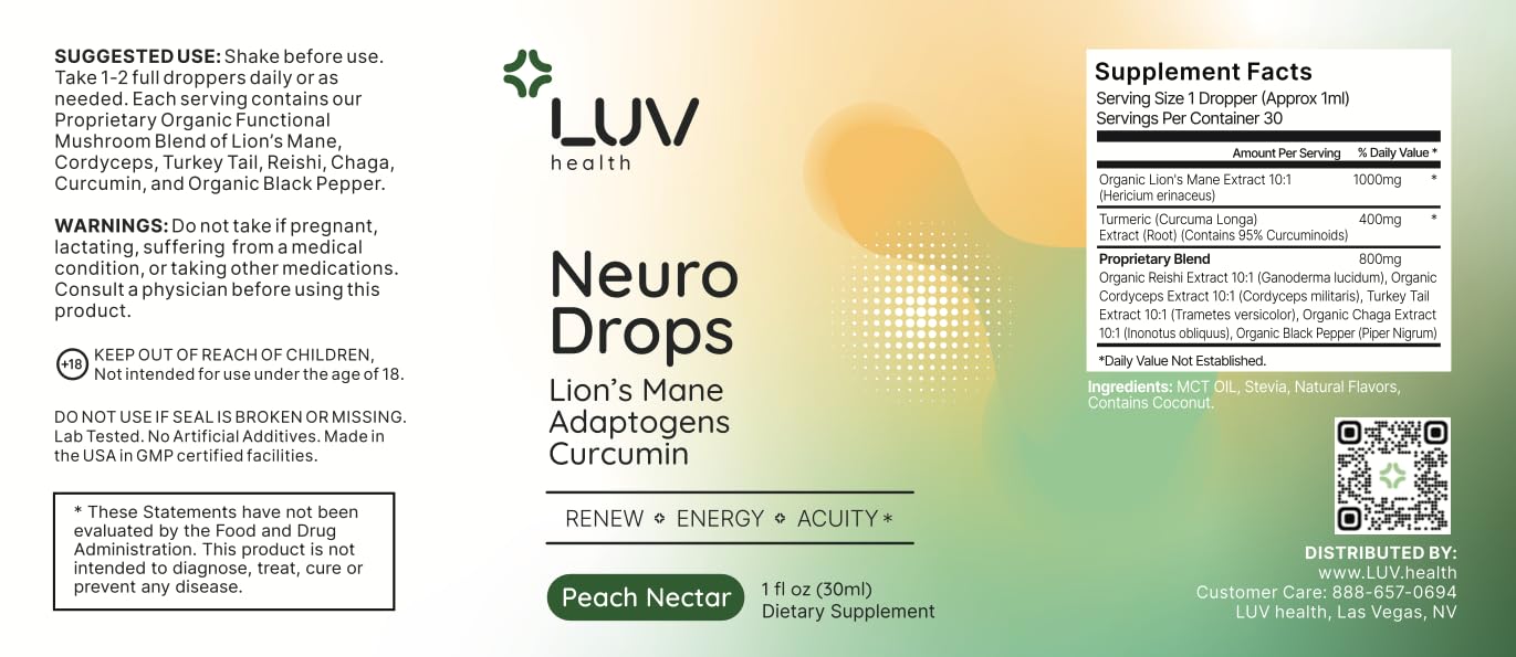 LUV health Neuro Drops ingredients close-up featuring Lion’s Mane, Cordyceps, and Turmeric.