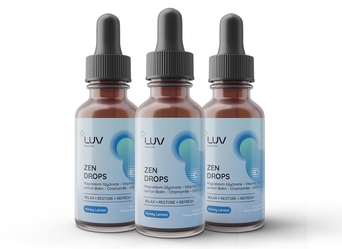 LUV health Zen Drops bottle demonstrates daily calm and focused mood.