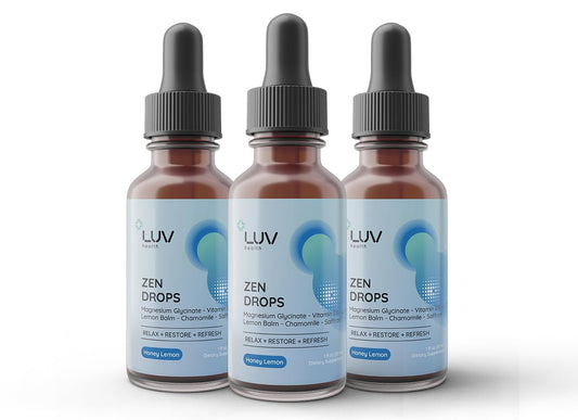 LUV health Zen Drops bottle demonstrates daily calm and focused mood.