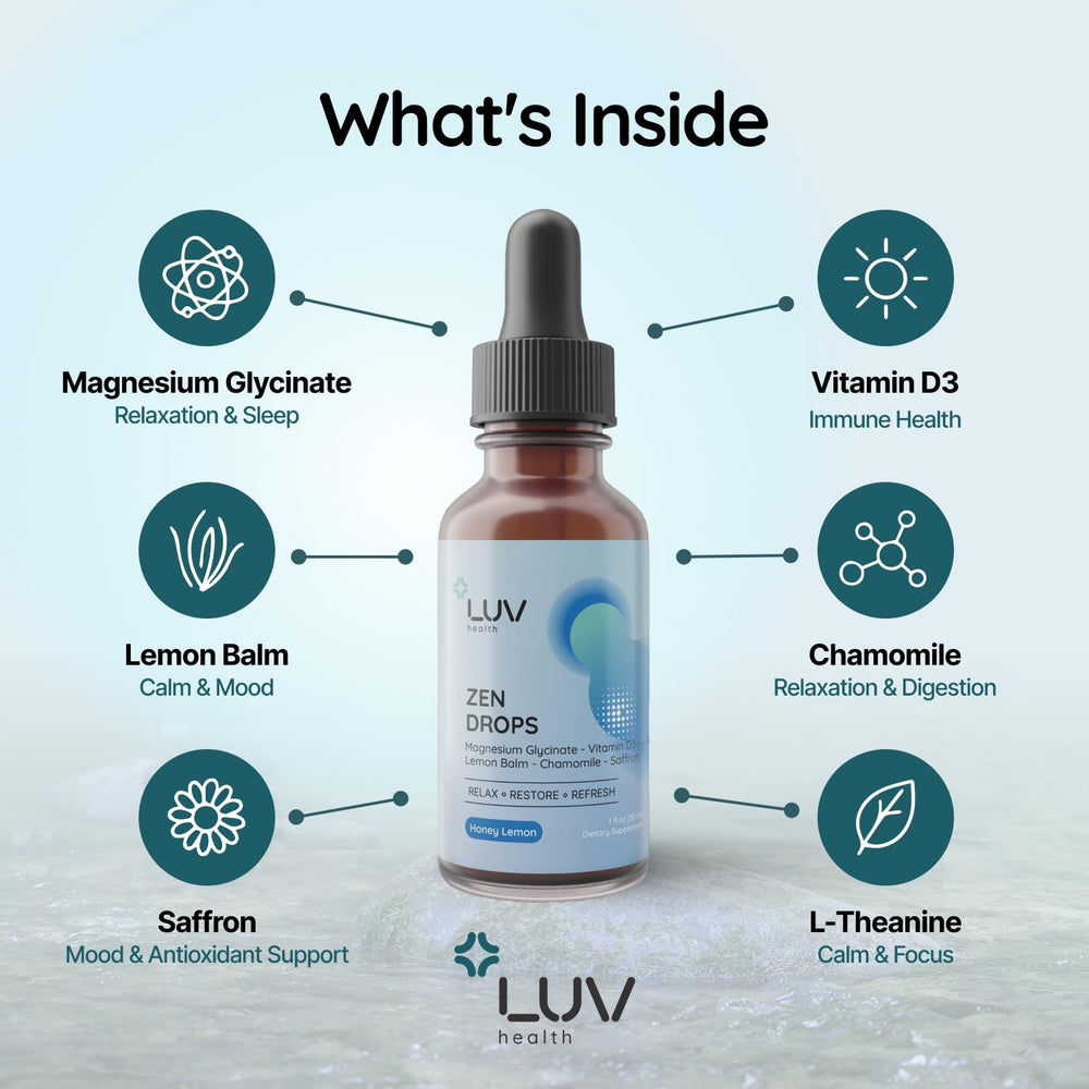 LUV health Zen Drops pour enables quick on-the-go mood support.