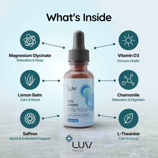 LUV health Zen Drops pour enables quick on-the-go mood support.