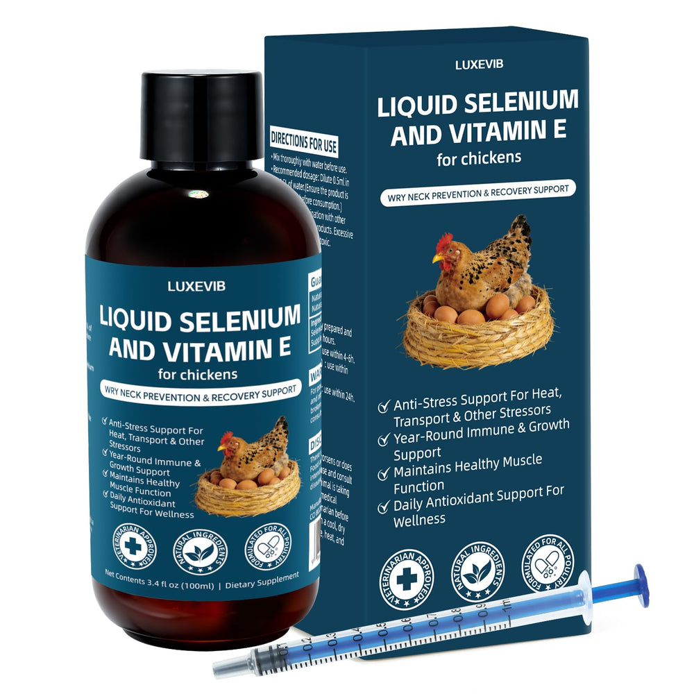 LuxeVib E+S Poultry Vitality Formula bottle pour supports easy feed integration for steady energy